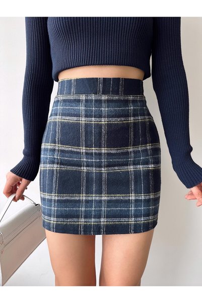 KüButik Kadın Ekose Desenli Mavi Kısa Etek