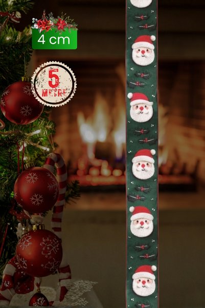 FANTASTIC KURDELE Yılbaşı Noel Baba Desenli Telli Kumaş Kurdele 5 Metre – Çelik Telli 3D Kabartma Efektli Hacimli Fiyonk ve Ağaç Süsleme Şeridi
