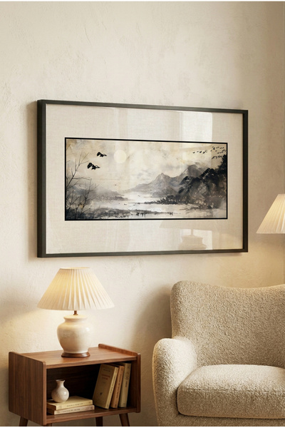 Zevahir Mobilya Dekorasyon 1 Piece Black Wooden Framed Zen Style Sky and Moun...