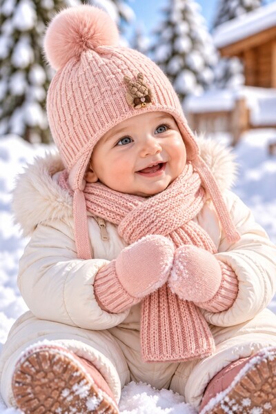 minik'o kids Ki̇tti̇ 26150-01 0-18 Months Baby Girl Scarf, Beanie, Gloves Set