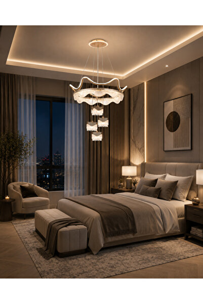 best power ثريا علاقي مودرن LED ذهبية بتصميم إطار متعرج مرصع بالكريستال ووحدا...