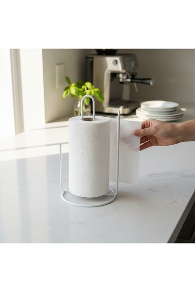 decorelax Countertop White Metal Vertical Roll Paper Towel Stand - Kitchen Desktop Paper Towel Holder Organizer