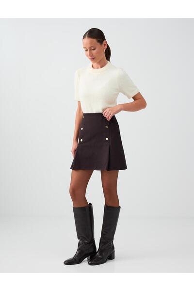 Jimmy Key Bitter Brown Button Detailed High Waist Short Knitted Skirt