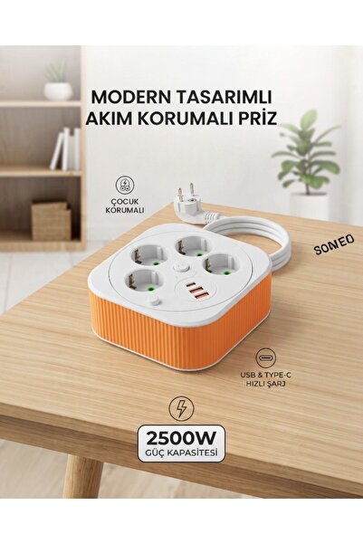 lstri Akım Korumalı Makaralı Kablolu 4'lü Anahtarlı Grup Priz, 2500W,3 Metre 2x USB - 1x TYPE-C Girişli, Üçlü Usb'li Priz, Çocuk Korumalı, Kısa Devre Korumalı