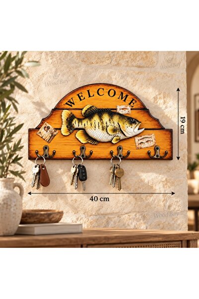 WoodBay Welcome Written 3D Embossed Fish Figured Wooden Wall Key Holder with ...