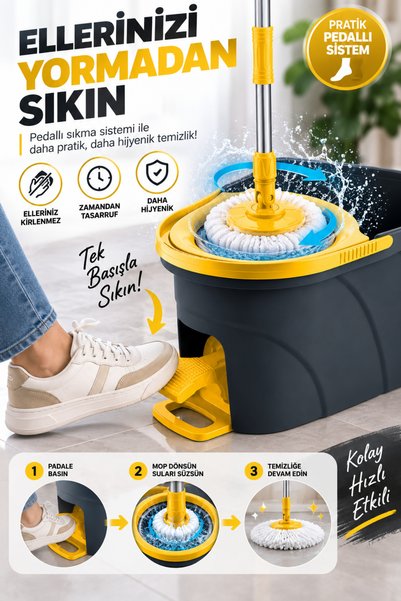 grimorlife Premium Pedallı Paspas Mop Seti – 360° Dönebilen Başlık, Güçlü Sıkma Mekanizması ve Mikrofiber Paspas ile Pratik Temizlik