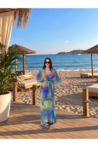 by elmoda Women's Digital Printed Green Lycra Tulle Beach Dress