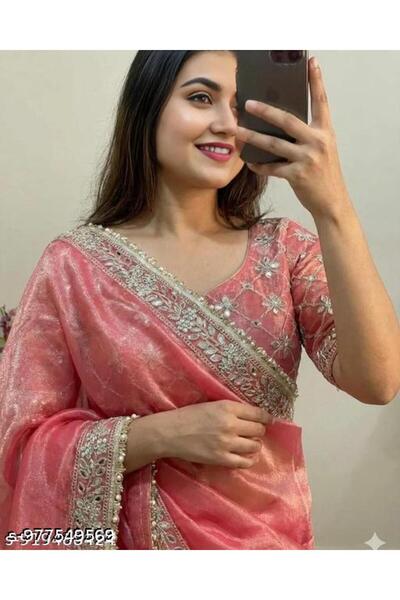 Generic Brand Women's Pink Two-Tone Twill Net Embroidered Saree with Blouse