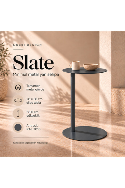 Slate Metal C Sehpa Modern Tasarım Elips Tablalı Minimalist Koltuk Yanı Sehpa