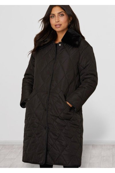 Wallis black Quilted Midi Length coat with Faux Fur collar, L