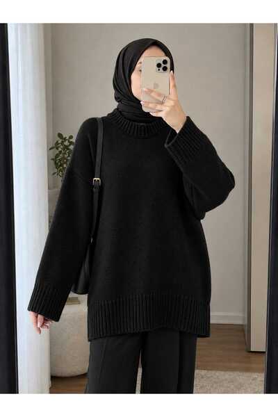 Giyim Gezegeni Women's Knitwear Black Sweater Oversize Tunic Crew Neck Thick ...