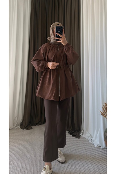 Hepsi Moda Drawstring Waist Parachute Jacket - 26165 - Brown