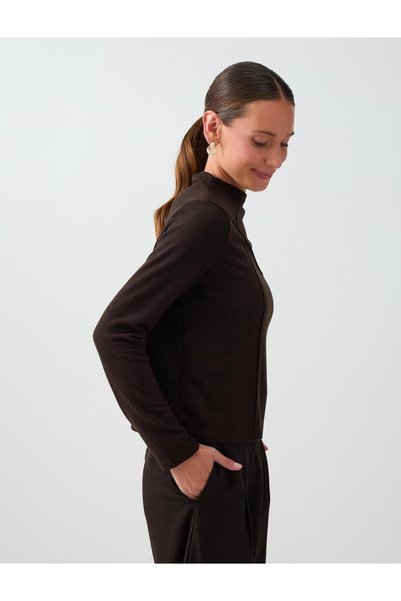Jimmy Key Bitter Brown Stitched Detail Stand Collar Soft Touch Blouse