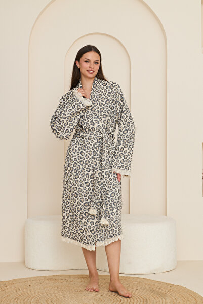 SEMTEKSTİL 100% Cotton Leopard Patterned Tassel Robe, Large (Curve) Size Robe...