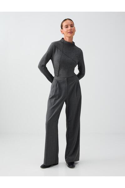 Jimmy Key Gray Melange Pleated Detailed Striped Patterned Wide Leg Canvas Tro...