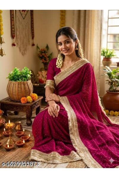 Generic Brand Premium Georgette Magenta Saree with Golden Lace Border