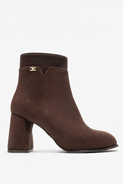 Dericlub Women's High Thick Heeled Ankle Boots Vegan Leather Aurelie Suede Brown