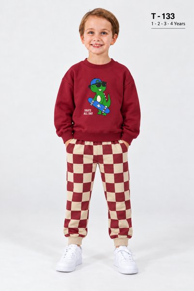 poyraz kids Erkek Çocuk Dinozor Baskılı Sweatshirt ve Dama Desenli Eşofman Al...