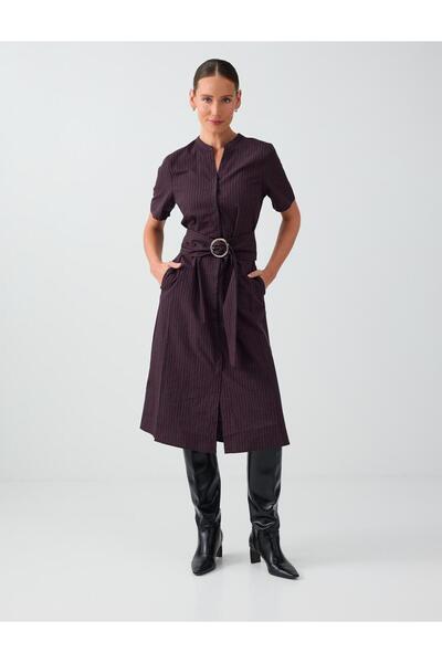 Jimmy Key Navy Blue 100% Cotton Belt Detailed Plaid Patterned Poplin Midi Dress