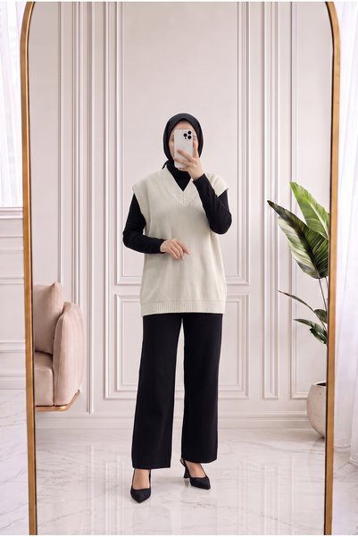 MİHRA STORE Fermora V-Ausschnitt Strickpullover-Zİ5062 Stone