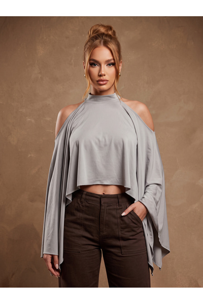 H & S DESING Halter yaka düşük omuzlu panço bluz
