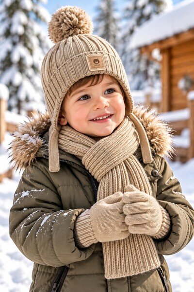 minik'o kids Ki̇tti̇ 26160-12 Boy's 1-4 Years Scarf, Beanie, Gloves Set