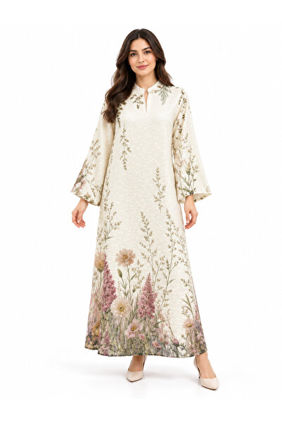 White colour جلابية نسائية طويلة بنقشة زهور وأكمام واسعة وياقة أنيقة