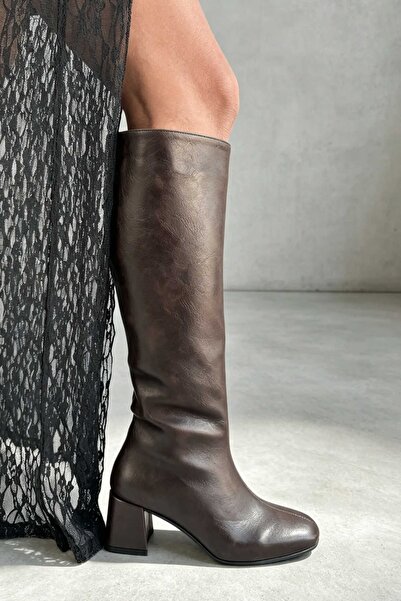 Shoebutik Lamour Bitter Brown Leather Zippered Women's Boots