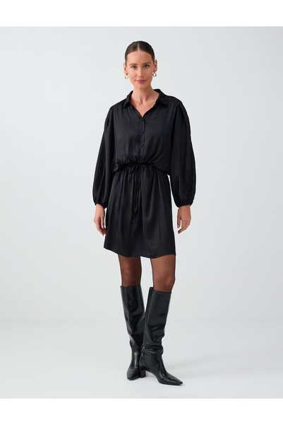 Jimmy Key Black Lace-Up Waist Shirt Collar Short Satin Dress