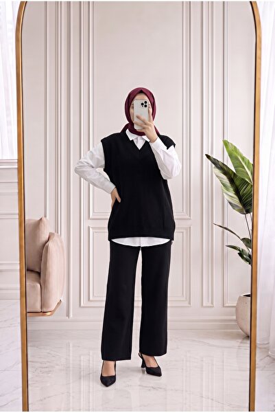 MİHRA STORE Fermora V-Ausschnitt Strickpullover-Zİ5062 Schwarz