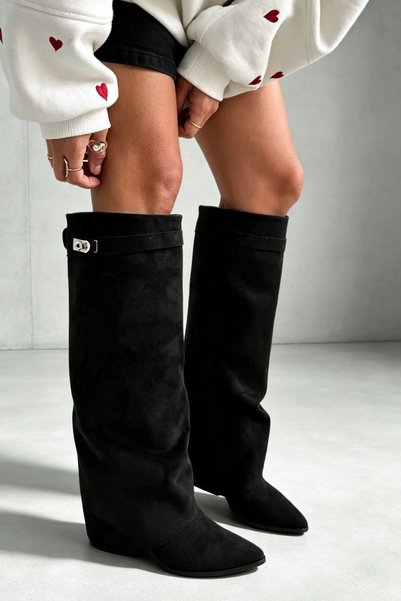 Shoebutik Livia Black Suede Buckle Belt Detail Women's Heeled Boots