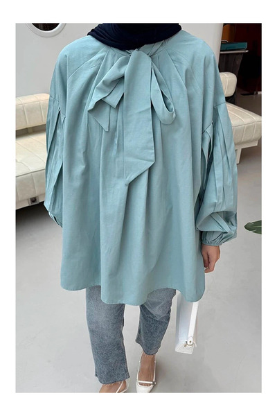 Hepsi Moda Casual Tunic with Tie Collar - Pck - Water Green