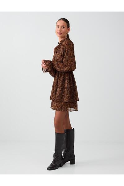 Jimmy Key Brown Leopard Patterned Short Chiffon Dress with Gathered Waist