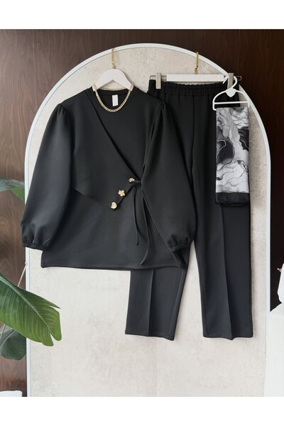 MODA VEDAT Дамски комплект панталони от скуба материя с връзки отстрани и 3 к...