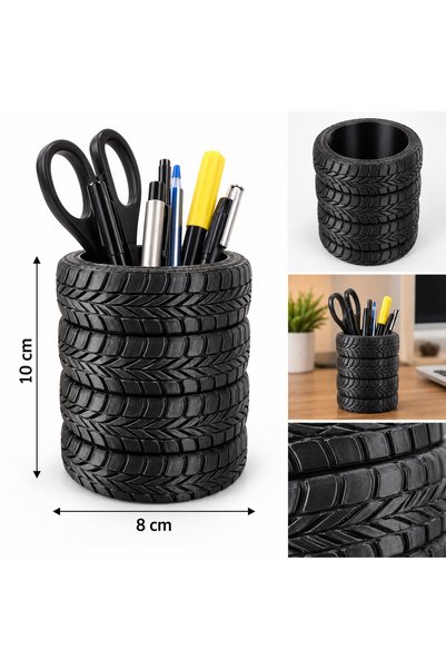 PİYATECH 2-Piece Car Tire Design Pen Holder Set – Decorative Desktop Organizer, Office and Study Desk Pen Holder, Black