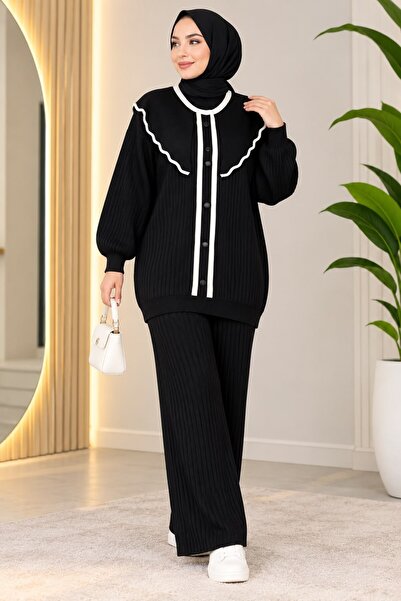 modasindoma Women's Hijab Collar Striped Knitwear Pants Set Black