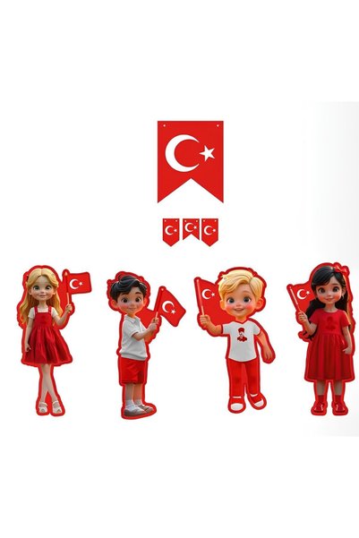 Patladı Gitti Milli Bayramlar Ay Yıldızlı Çocuk Figürlü DIY-CUT Özel Kesim Banner Seti