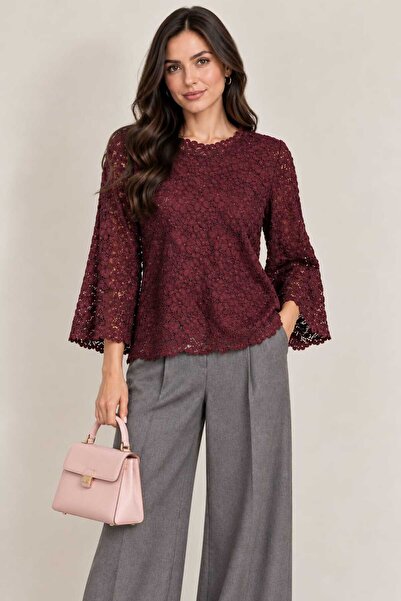 FASHION Bluza Dama Eleganta din Dantela Florala, Maneci 3/4 Evazate, Decolteu Rotund