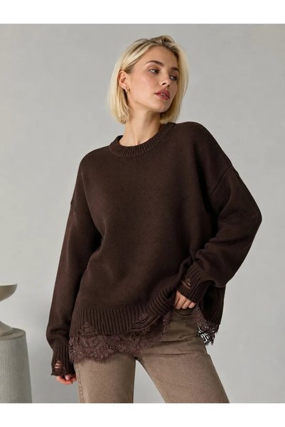 Park Karon Women's Loose Knit Sweater with Ruffled Hem and Ripped Detail 12561