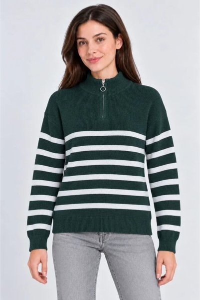 MODA ŞEHRİ High neck half zippered striped thessaloniki knitwear sweater - naphtha green