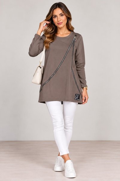 MAMAYAGA Women's Crew Neck Long Sleeve Sporty Stylish Zipper Detailed Design Sweatshirt Blouse