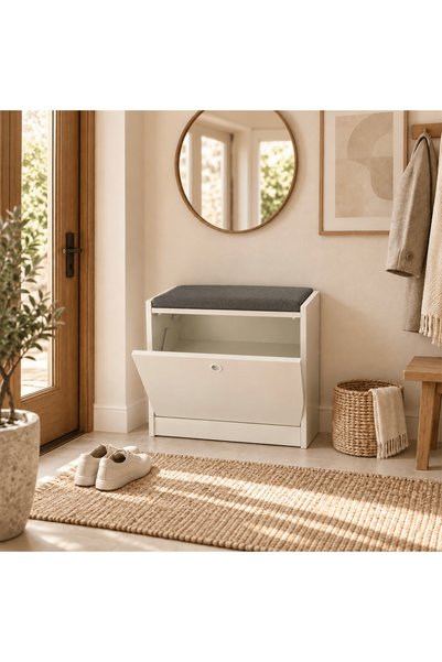 Özcan mobilya Nova Minderli Tek Kapaklı Ayakkabılık - Çok Amaçlı Dolap - 60 C...