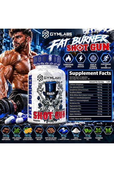 GYMLABS Shotgun Burner Nitric Oxid Energizer Preworkout 60 Caps - Termojenik