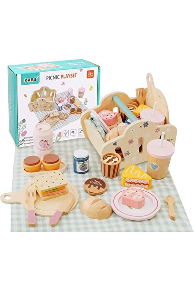 Picodino Wooden Picnic Basket Play Food Set for Kids Kitchen Toy with Blanket...
