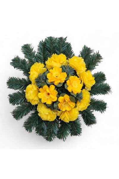 fara marca Coroană funerară artificială cu 4 nufăr galbeni și 8 garoafe galbene.