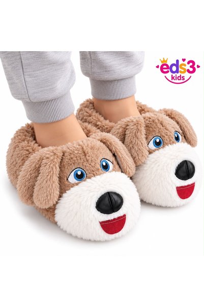 ESD KİDS Kahverengi köpekli panduf kaymaz taban ses yapmaz ev pandufu unısex