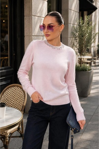 citycenterfashion Women's Collar Stone Detailed Bearded Knitted Sweater Cty-Ş...