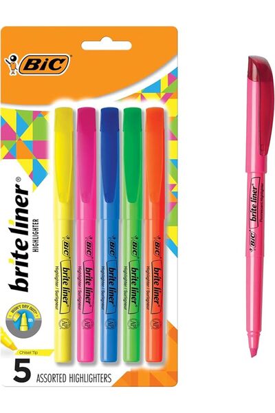 Bic Brite Liner Highlighter, Chisel Tip, Assorted Colors, For Broad Highlight...