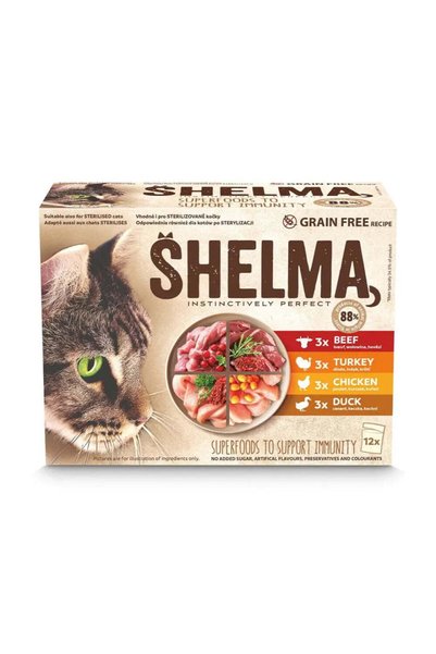 SHELMA cu curcan, rață, pui și vită în sos - hrană umedă pentru pisici - 12x85g
