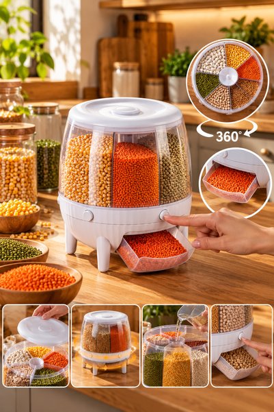 Mim Life 6 Bölmeli 360° Döner Erzak Saklama Kabı – Bakliyat, Kuruyemiş ve Kur...